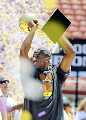 Kobe Bryant celebrates during the Lakers' celebration last year after winning the NBA Championship.