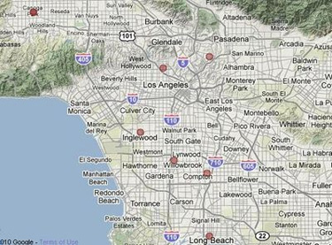 Map shows locations of nine of 11 homicides between April 26 and May 2. A double homicide also took place in Pomona.