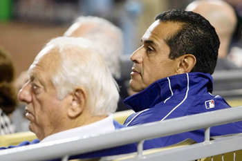 Los Angeles Mayor Antonio Villaraigosa, right, watches a Dodger game with former Dodger Manager Tommy Lasorda in 2009.