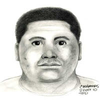 Police sketch of burglary suspect posing as construction worker.