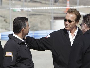 Calif. Gov. Arnold Schwarzenegger, right, thanks Lt. Gov. Abel Maldonado, left, at a news conference at the site of a pipeline explosion in San Bruno, Calif., Wednesday, Sept. 15, 2010 that exploded last Thursday