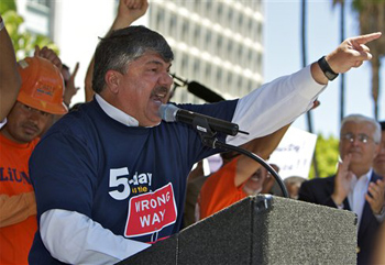 Richard Trumka, AFL-CIO President addresses thousands of union workers from across the U.S. at a labor rally for jobs in California on Friday, Aug. 13, 2010, in Los Angeles.