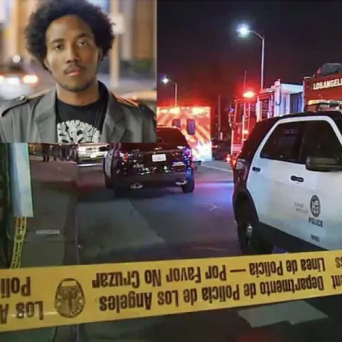 Composite image with a woman police car, and caution tape.
